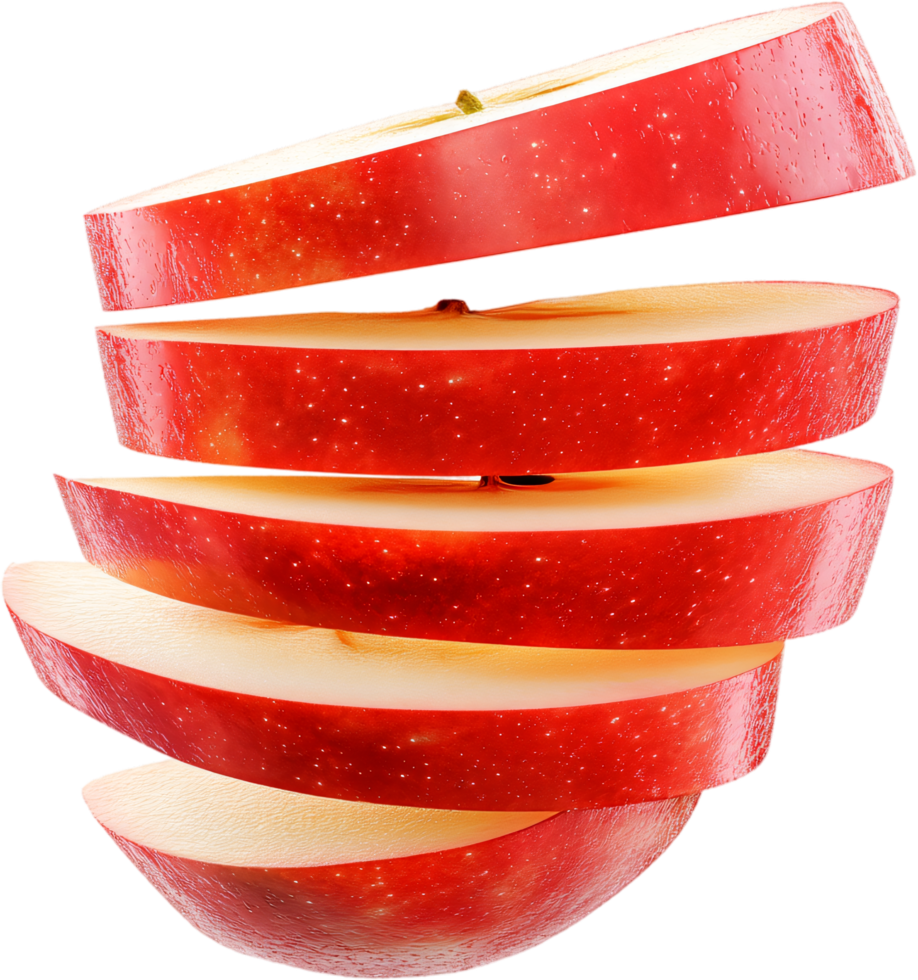 A sliced red apple is depicted on a black background. The slices are stacked, creating an eye-catching, modern fruit display. png
