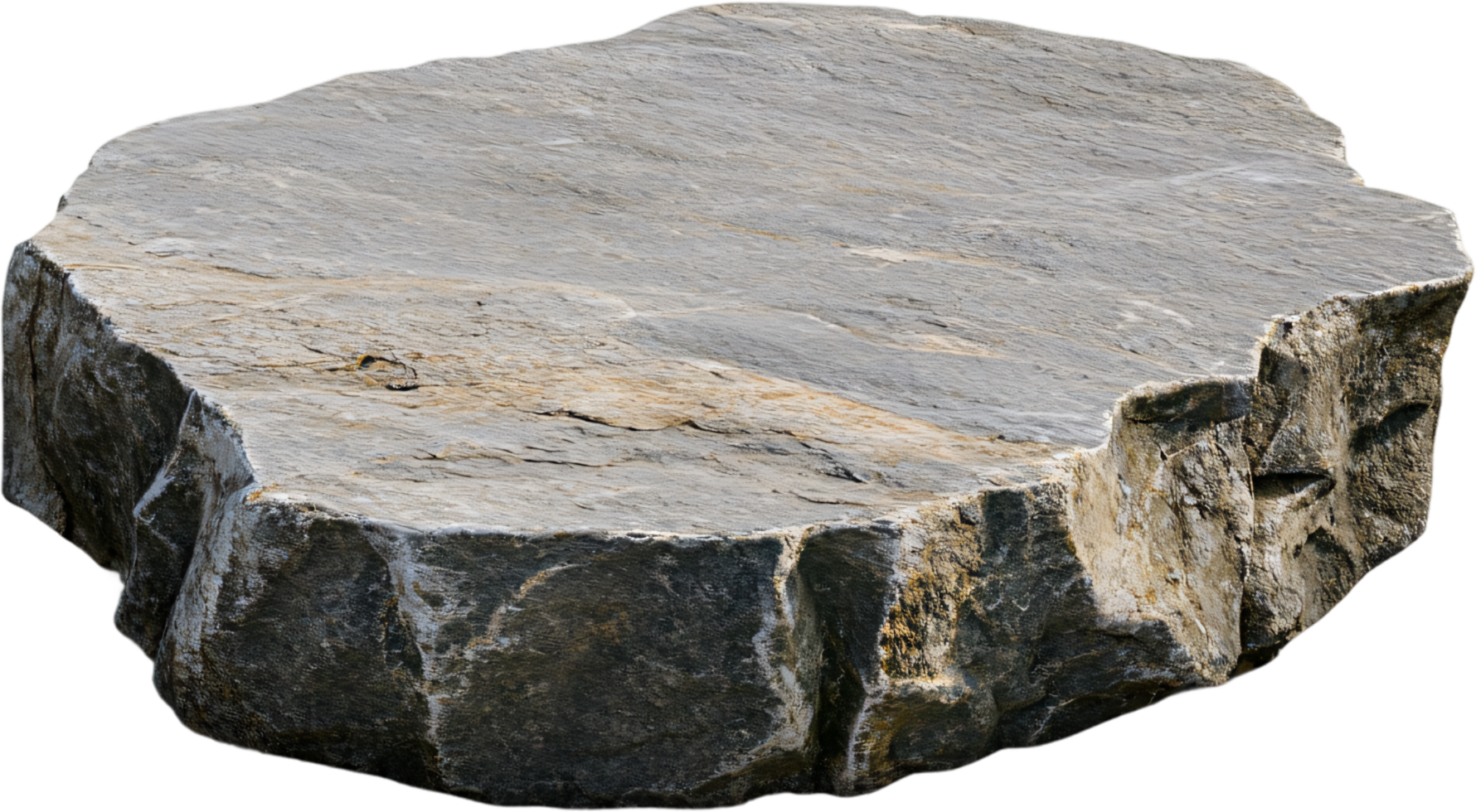 A grey rock formation with a relatively flat top and rough, angular edges, showcasing various shades and textures within the stone material. png