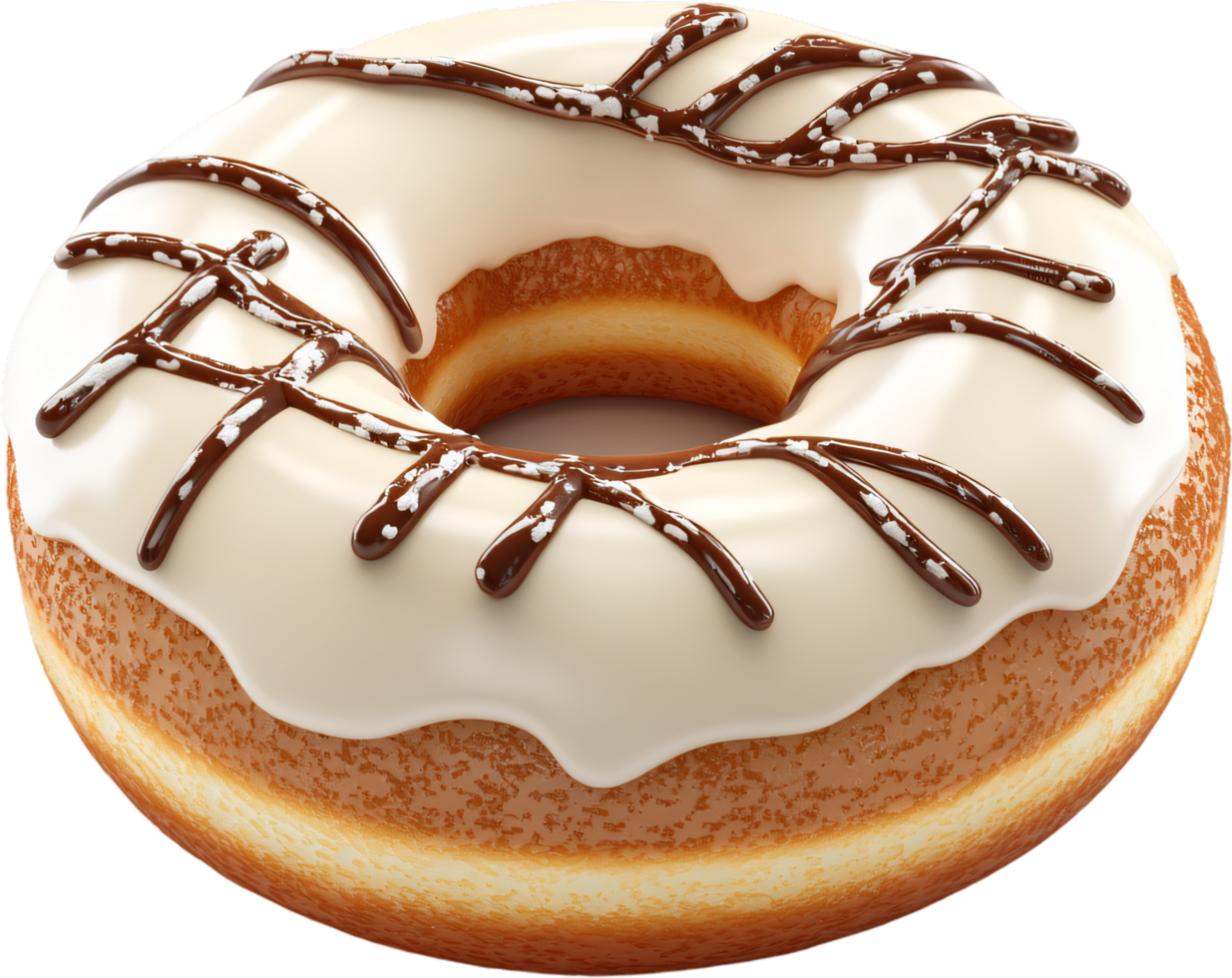 Delicious donut topped with creamy white frosting and drizzled with rich chocolate, perfect for a sweet treat any time of day. png
