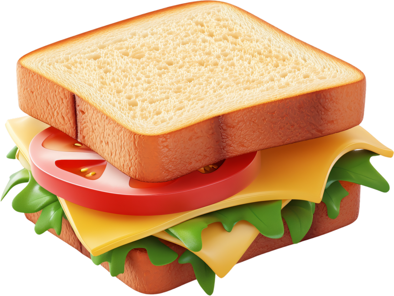 A delicious-looking sandwich with layers of cheese, tomato, and fresh greens, all nestled between two slices of toasted bread. png