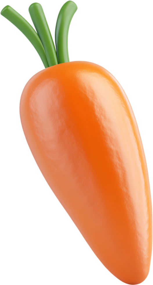 A vibrant, digitally rendered carrot with lush green stems, isolated against a dark background, showcasing smooth textures and vivid colors. png