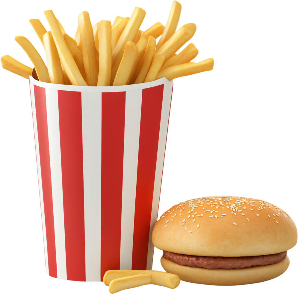 Burger and Fries, A classic fast food combo. Crispy fries in a striped container with a juicy burger. Perfect for a quick bite. png
