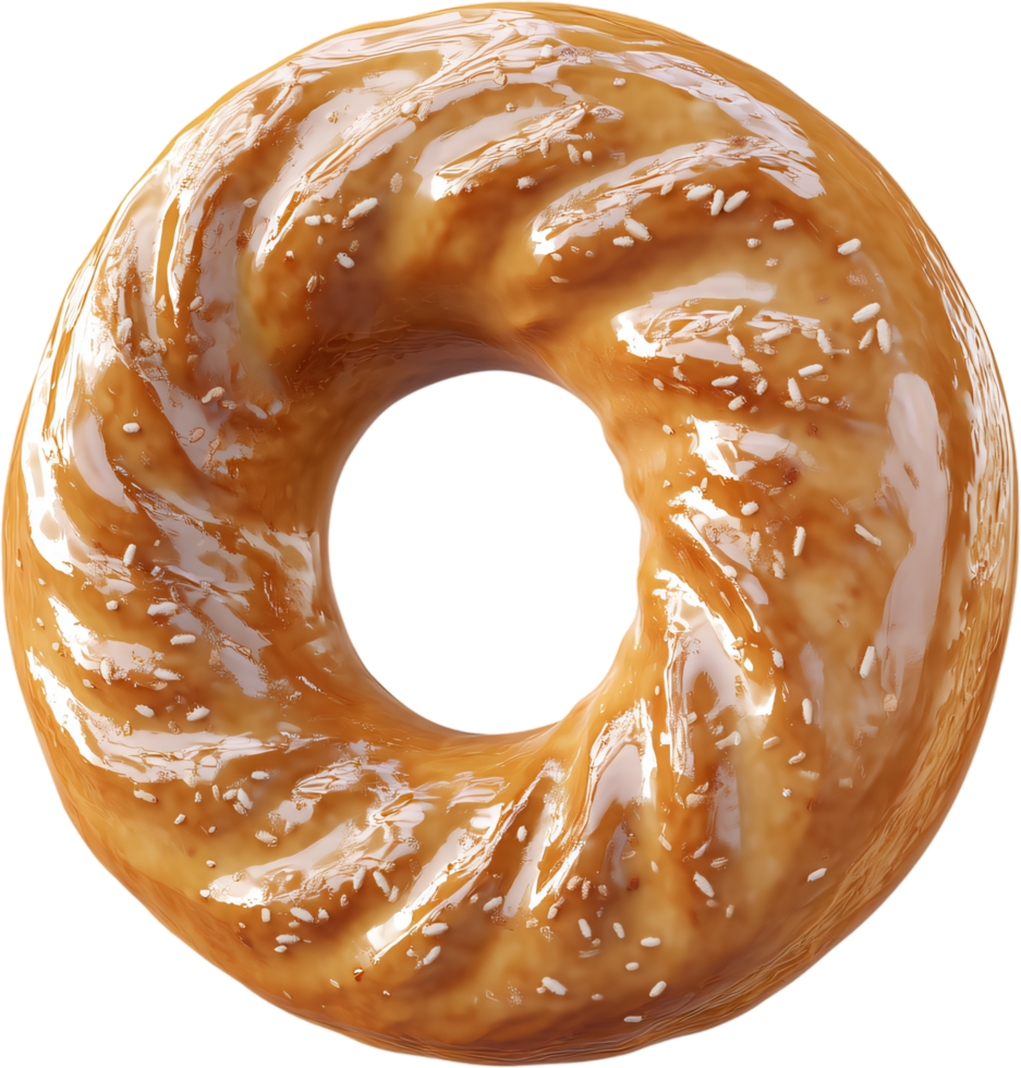 A glazed doughnut glistens with a sweet, sticky coating, adorned with small white sprinkles that enhance its delectable appearance. png