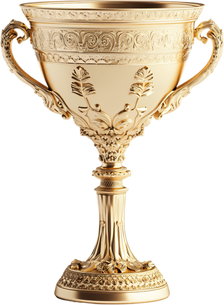 Golden ornamental trophy against a black backdrop with intricate detail and decorative patterns for celebrating success and victory. png