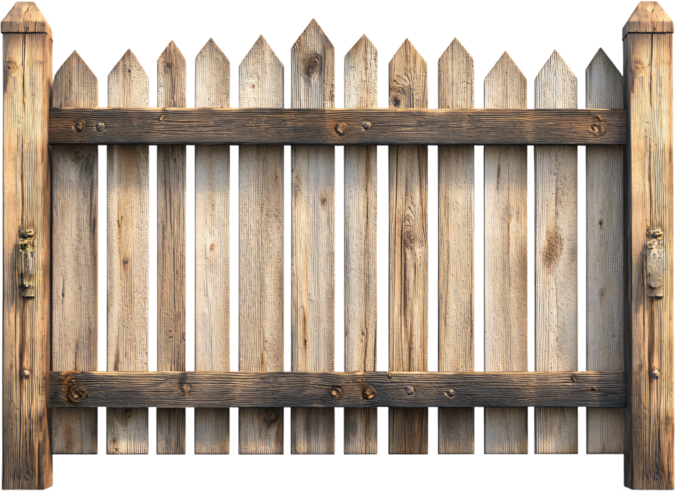 Rustic wooden fence gate with pointed pickets and horizontal rails, showing wood grain and weathered texture, isolated on black. png