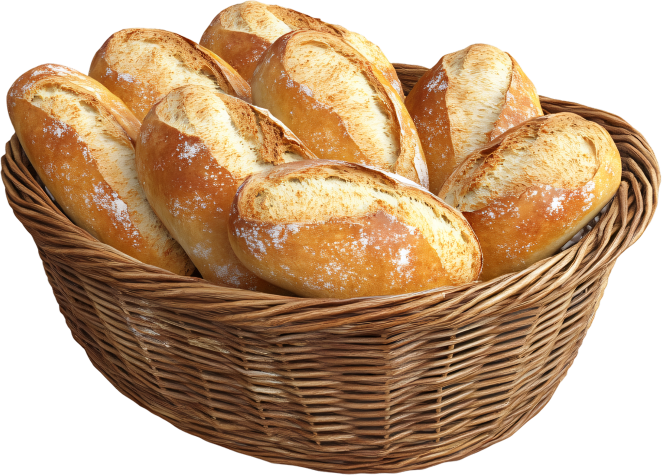 Rustic bread basket, Crusty rolls piled high in a woven basket, ideal for a comforting, hearty meal with fresh bakery fragrance. png