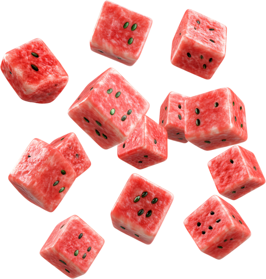 Playful dice, mimicking juicy watermelon, roll in a tasty game. Fun, summer vibes with seeds spotting the watermelon-textured cubes. png