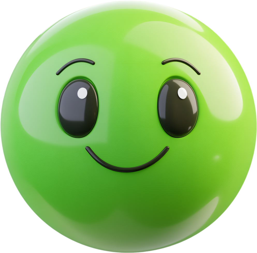 A glossy, bright green emoji with a simple, happy expression and a slight shine, conveying cheerfulness and digital communication. png