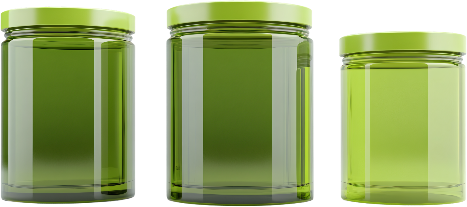 Three green jars with clear glass bodies stand in a row, reflecting light. The jars vary in size, creating visual interest. png