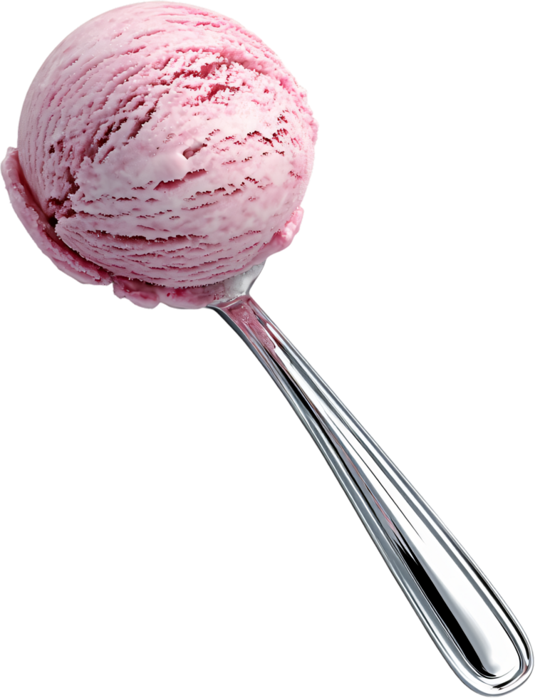A delightful scoop of strawberry ice cream on a shiny spoon, perfect for a sweet treat on a hot day with a delicious, fruity flavor. png
