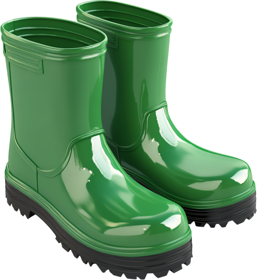 A pair of shiny green rain boots, perfect for outdoor activities and puddle-jumping, ready to keep your feet dry and stylish on rainy days. png