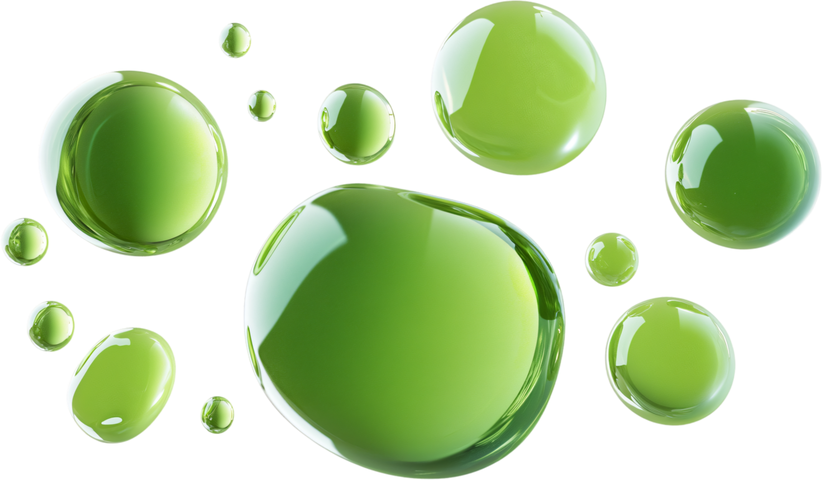 Green liquid spheres floating against a black background. The orbs feature a glossy, reflective surface, creating a sense of depth. png