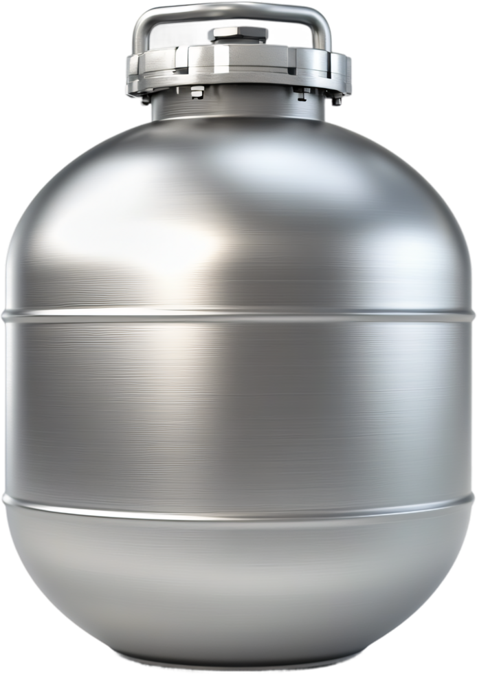 A stainless steel container with a rounded shape and a lid on top, resembling a pressure vessel, against a black background. png