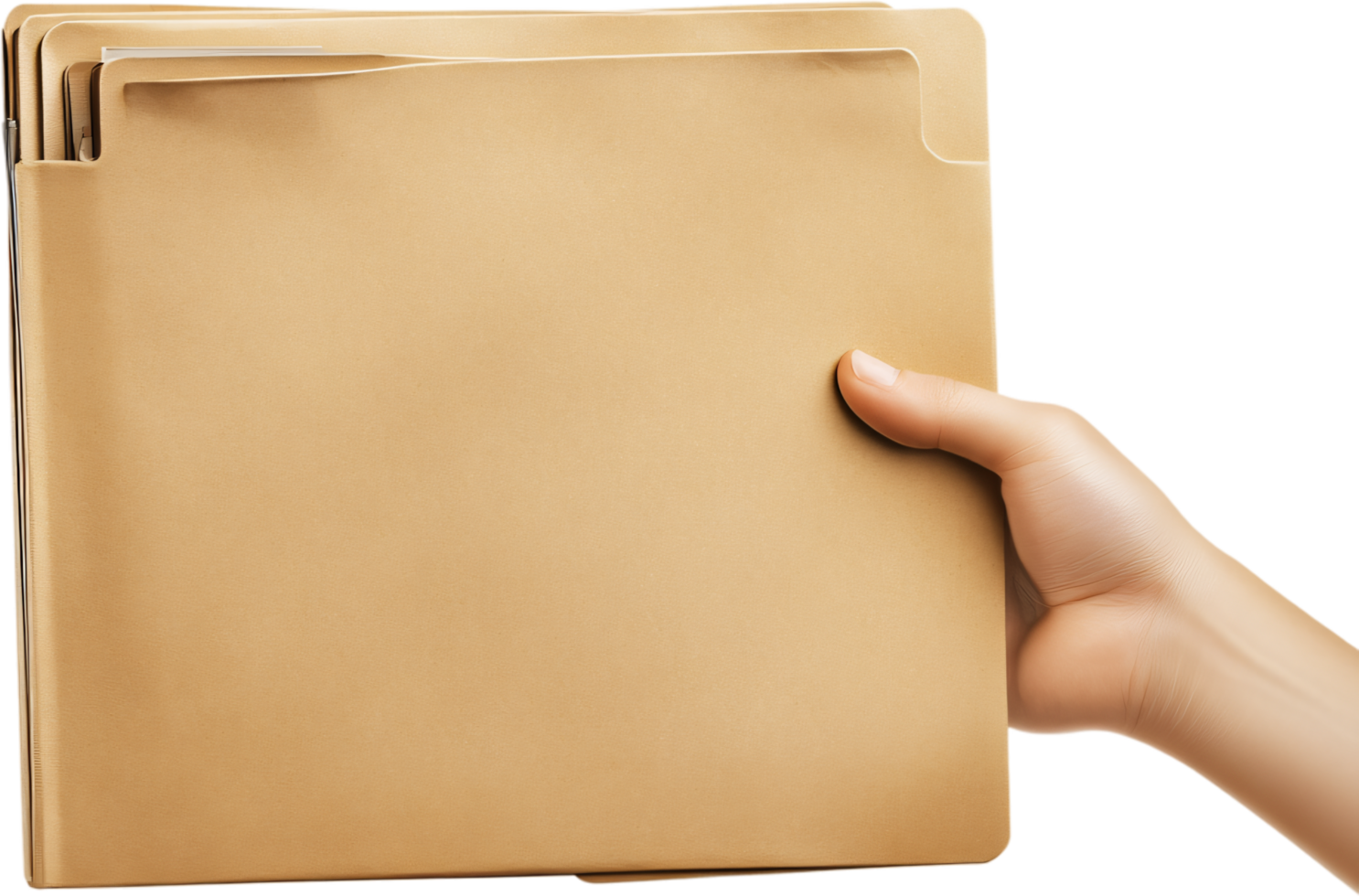 Hand holding a file folder with blank cover for documents and papers. Concept of business, education, or administration. png