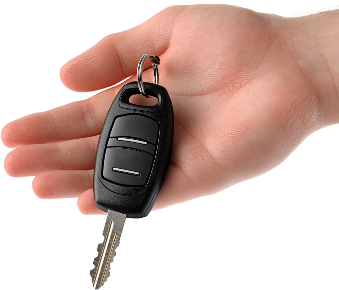 Close-up of a hand holding a black car key with a silver ring, showcasing its design and functionality. Keys are essential for vehicle access. png