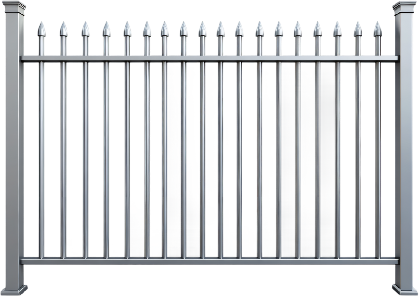 View of a shiny, silver metal fence featuring vertical bars and topped with pointed finials. The fence has a simple and elegant design. png