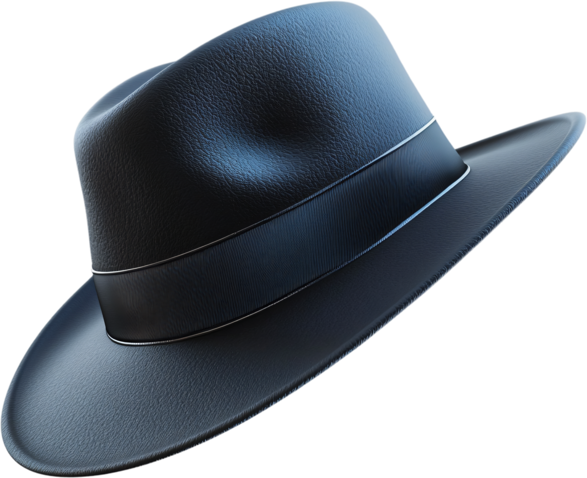 Classic black hat with dark ribbon and trim, a timeless and stylish accessory that evokes a sense of mystery and elegance on black background png