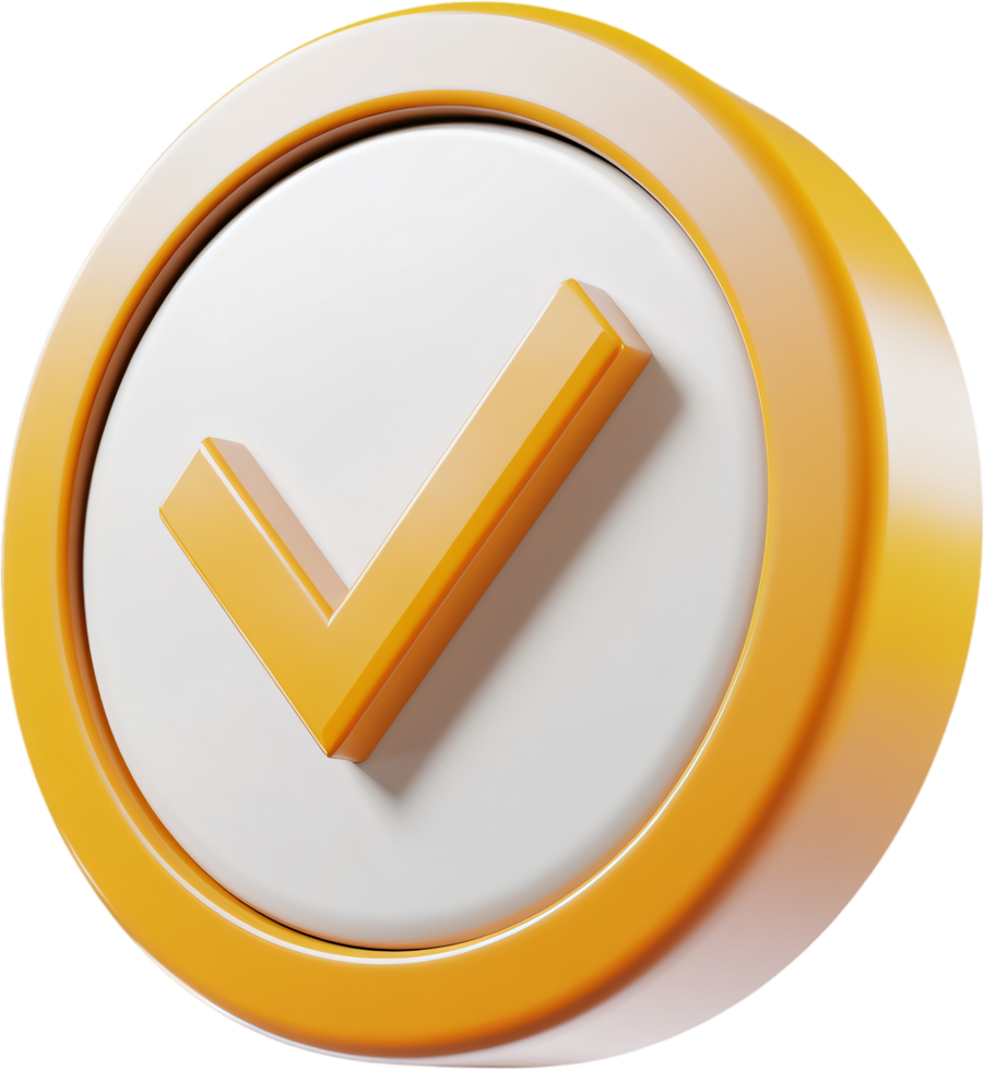 3D rendering of a circular badge with a raised orange checkmark. The badge is white inside and has an orange outline. Isolated. png