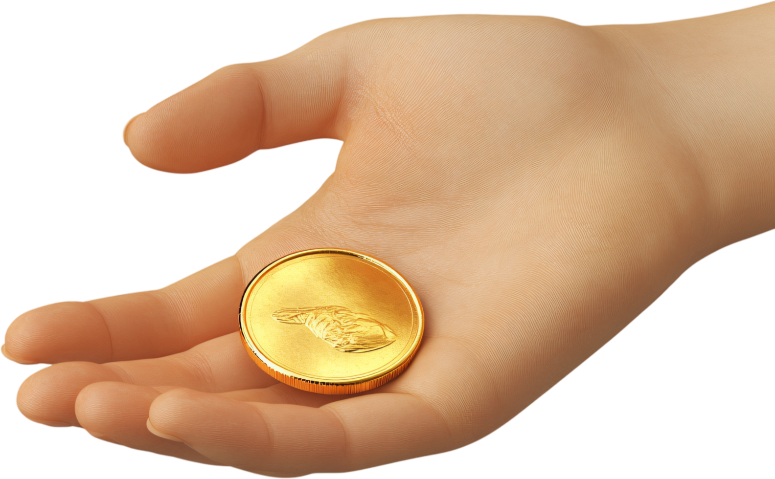 Golden opportunity presented, A child's hand holds a gleaming golden coin, symbolizing potential and dreams against a stark black backdrop. png