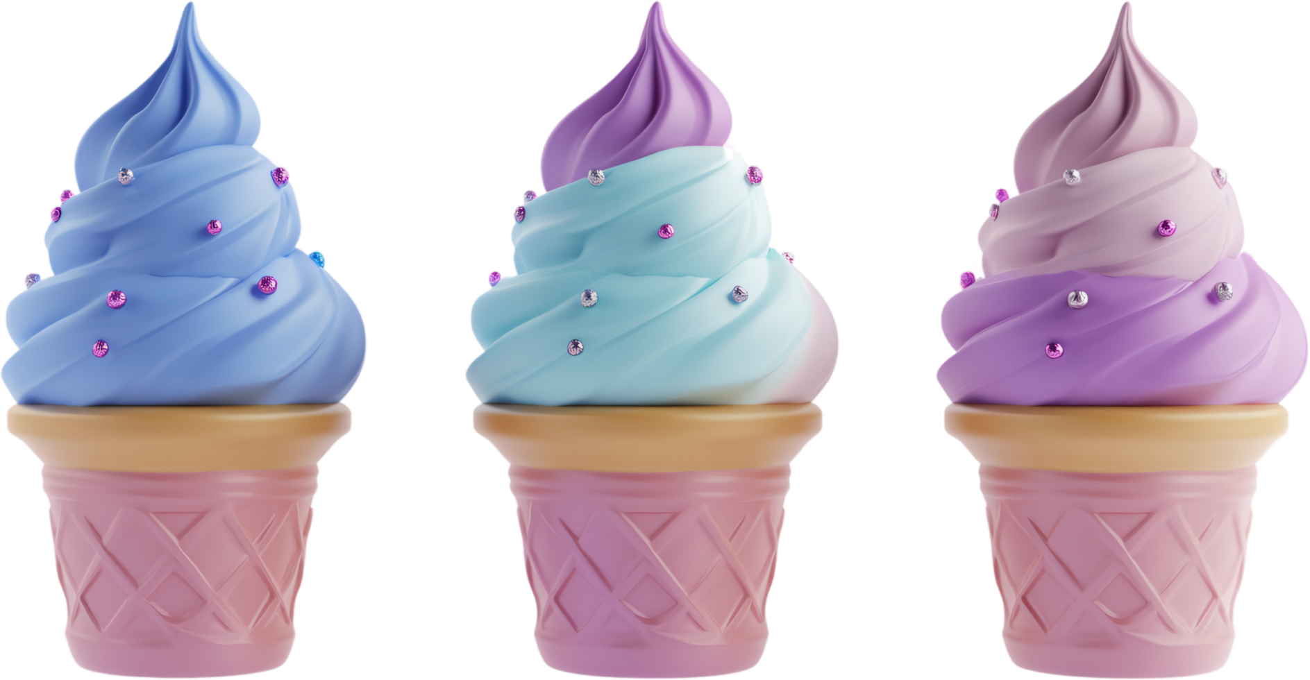 Colorful ice cream cones, each adorned with pastel hues, shimmer with tiny beads, offering a delightful summer treat. png