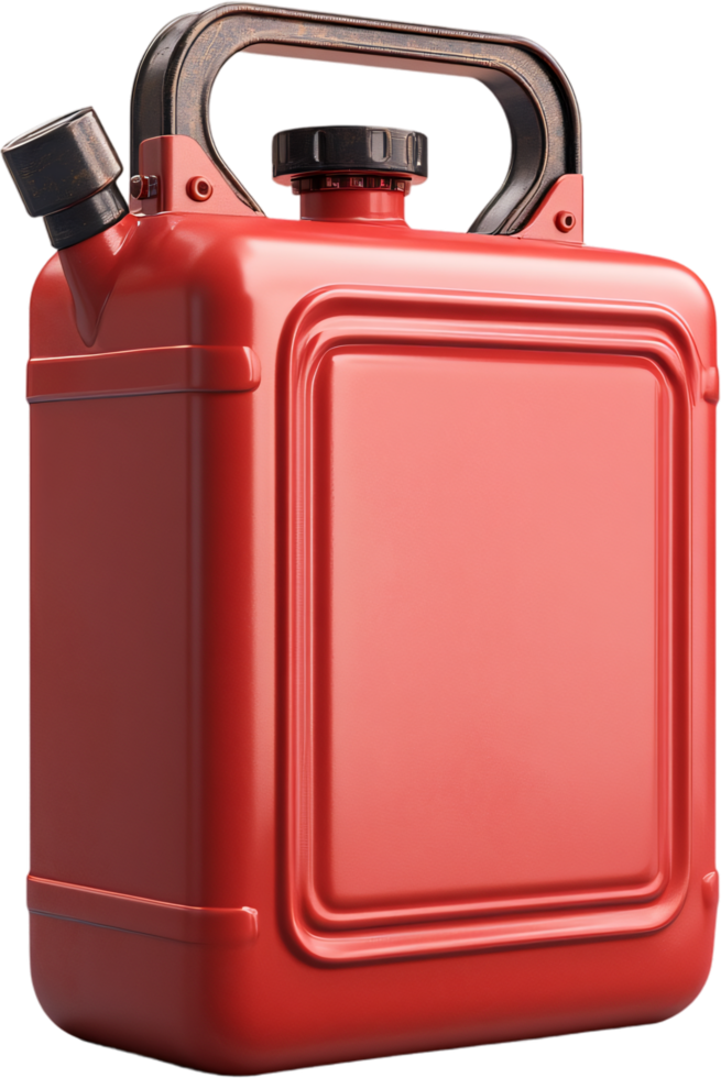A red metal container, likely used for storing fuel, featuring a handle and a nozzle. The image captures it in isolation against a black background. png