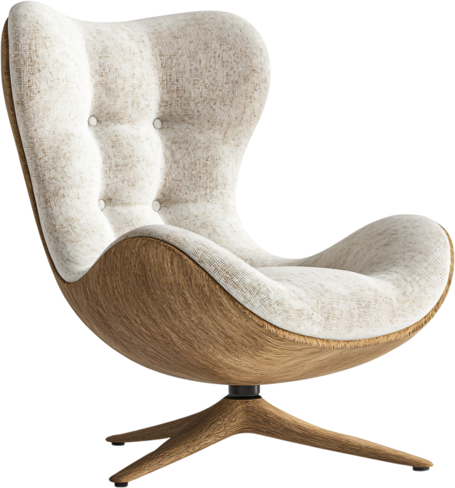Modern swivel chair with a cream upholstered shell and a curved wooden base, blending comfort and style, creating a unique seating experience. png