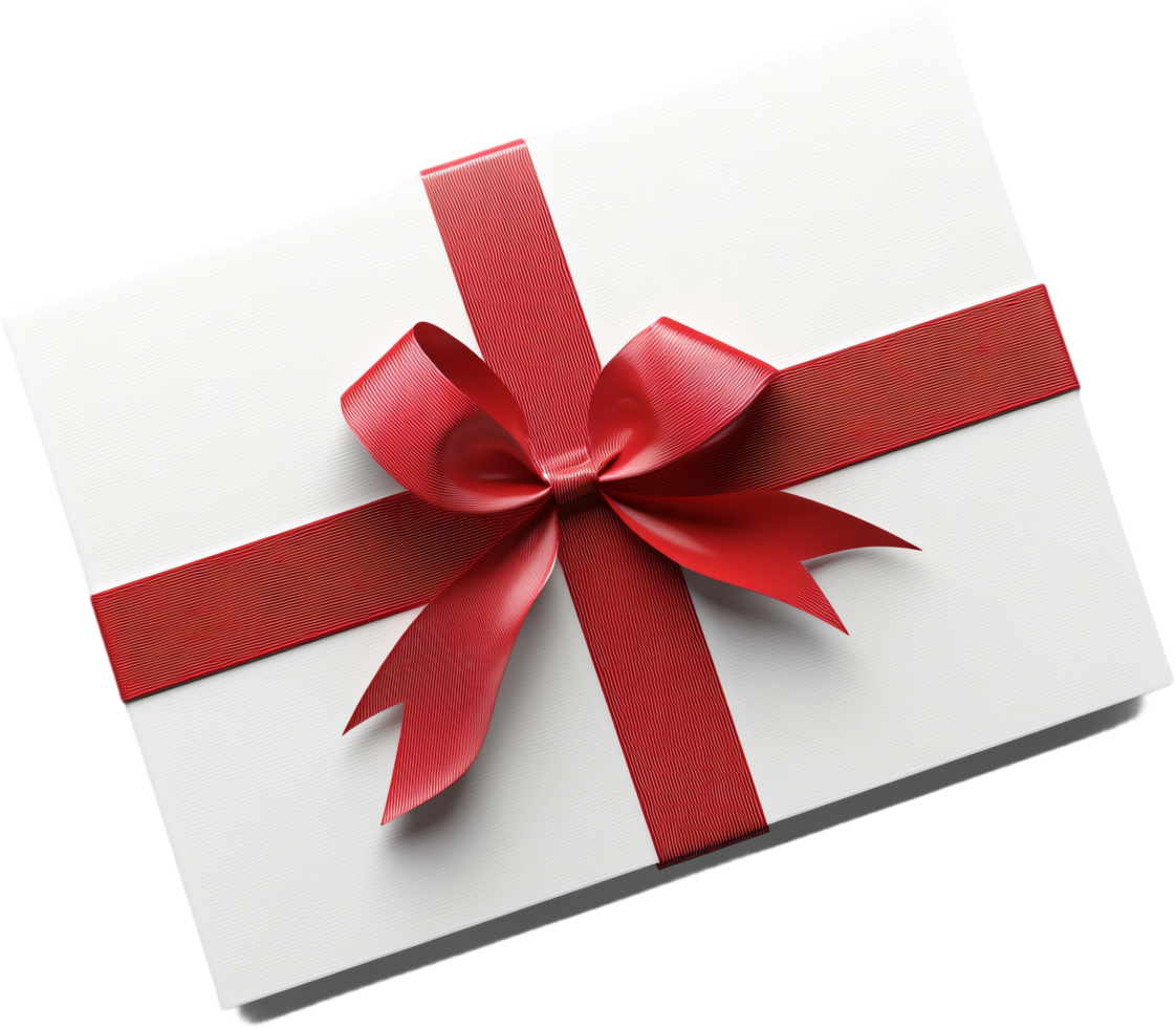 Wrapped in white, the gift is adorned with a vibrant red ribbon and bow, exuding elegance and anticipation for a special occasion png