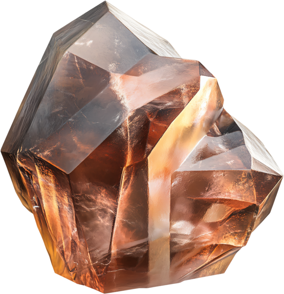 A large, irregularly shaped crystal, illuminated to show translucent amber and tan hues, with a reflective, faceted surface. png