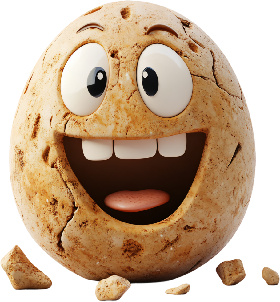 Cartoon stone character with a big, happy smile, googly eyes, and chunks of stone scattered around it. png