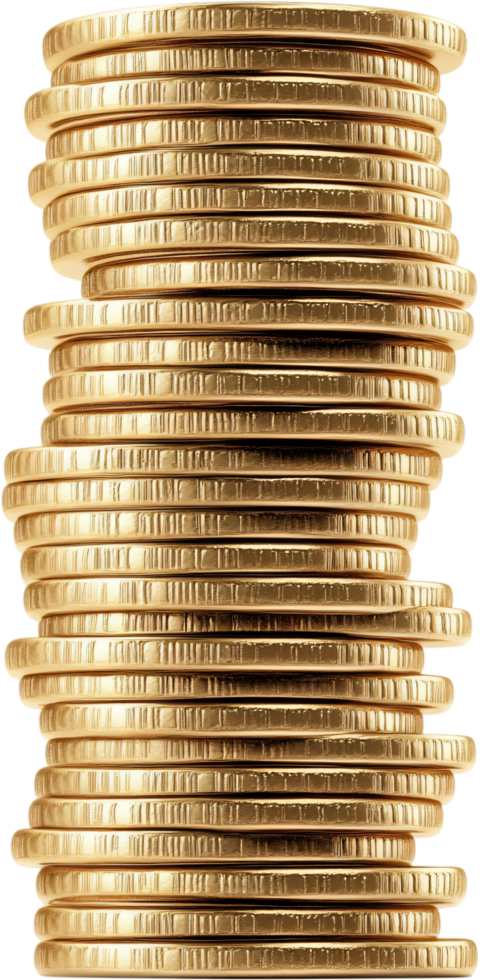 Tall stack of shiny gold coins piled high. A representation of savings, investments, and financial security. Isolated on black background. png