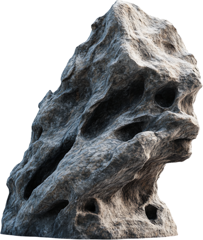 Detailed view of a weathered rock formation featuring natural holes and crevices, showcasing the unique texture and structure of natural stone. png