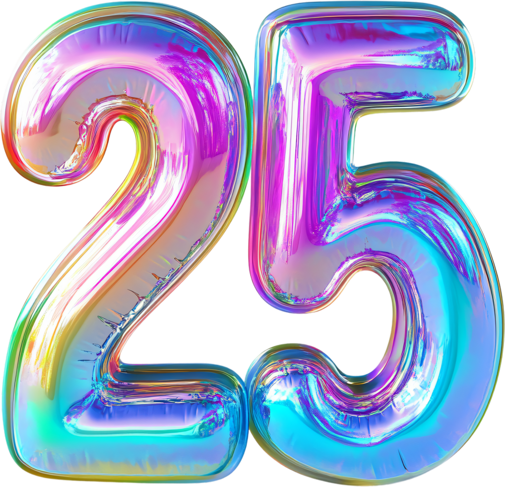 Iridescent number balloons '25' float in the air, catching and reflecting light in vibrant rainbow hues against a dark background. png