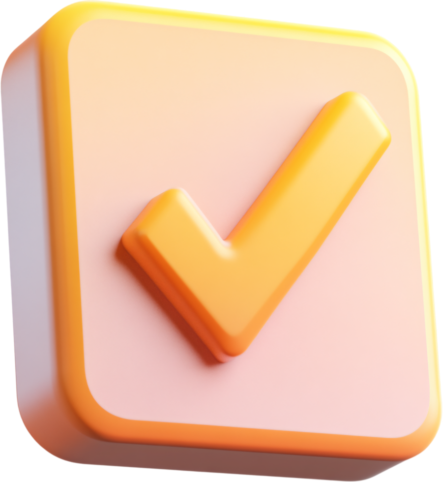Confirmation Check. A 3D rendering of an affirmative square, rendered in shades of apricot. A simple symbol, visually appealing. png