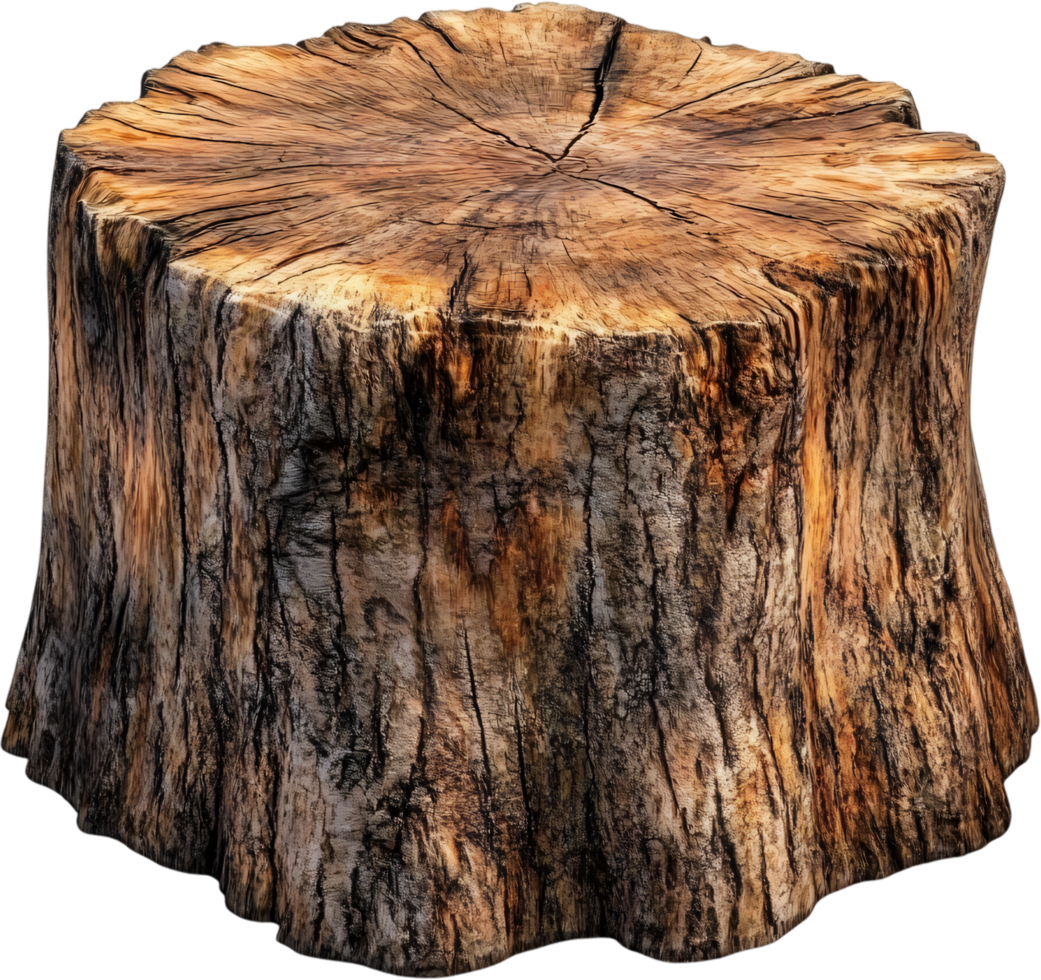 Detailed view of a weathered tree stump exhibiting growth rings, bark texture, and natural decay. The stump is isolated on a black background. png