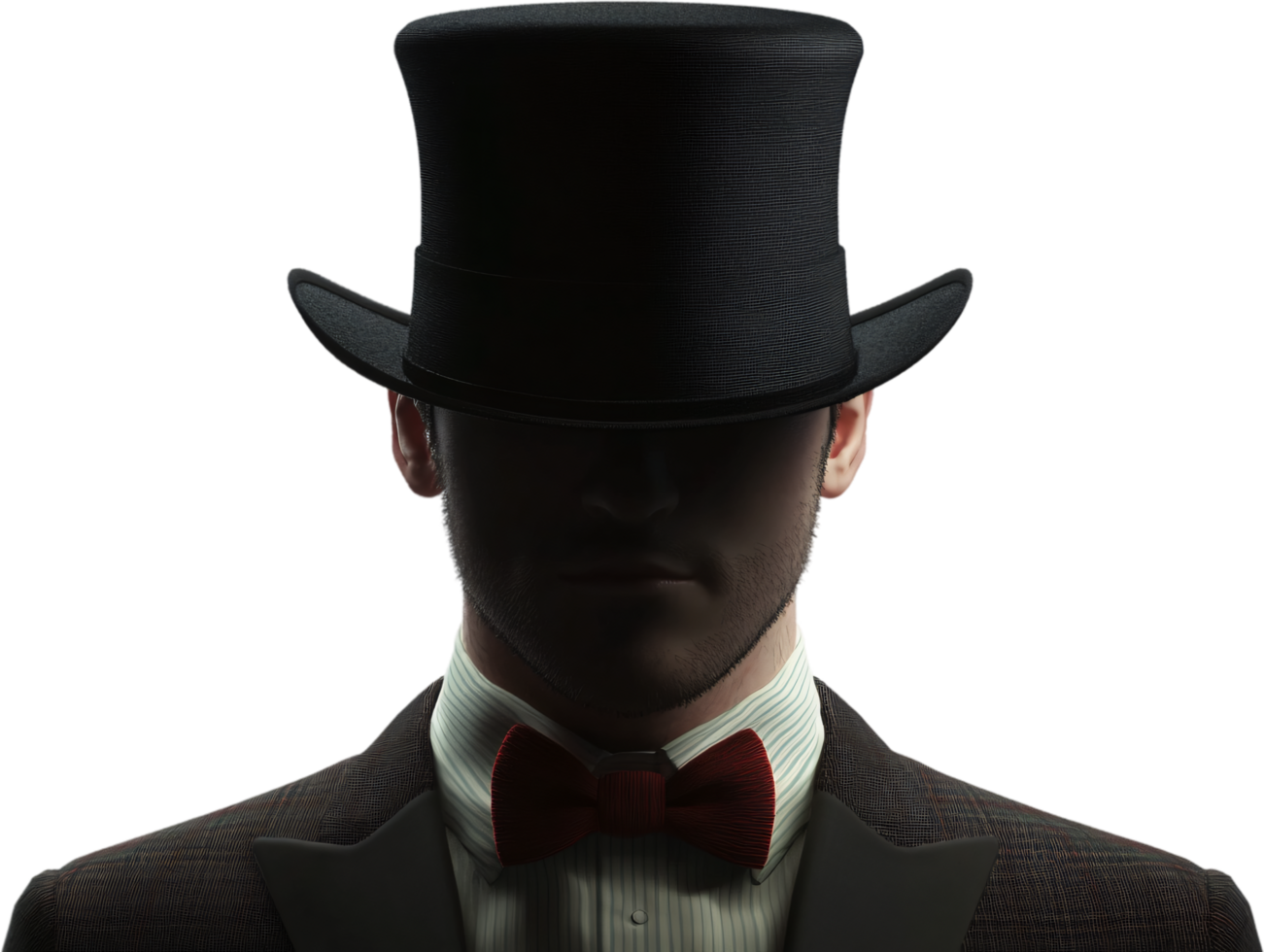 Mysterious figure in shadow, distinguished attire, tall hat, red bowtie. A portrait of intrigue with classic, timeless elegance. png