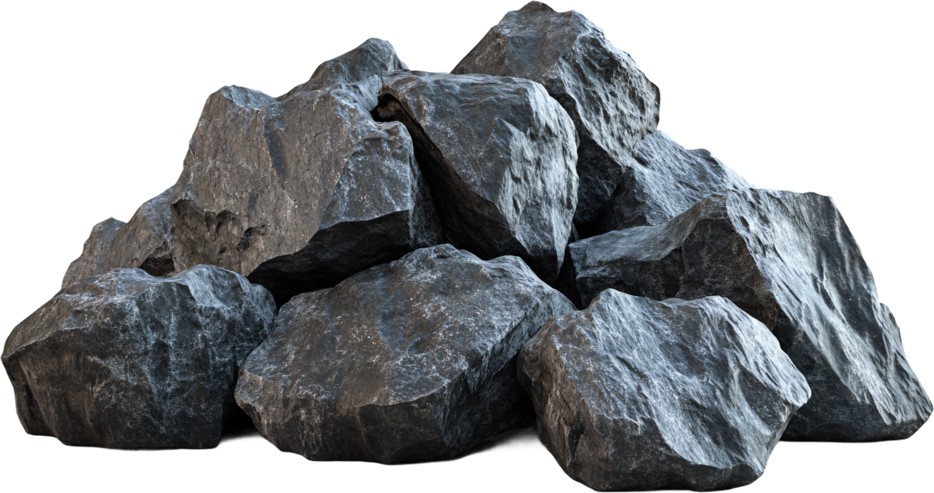An isolated pile of rough, dark rocks arranged in a cluster, showcasing the raw beauty and texture of natural stone formations. png
