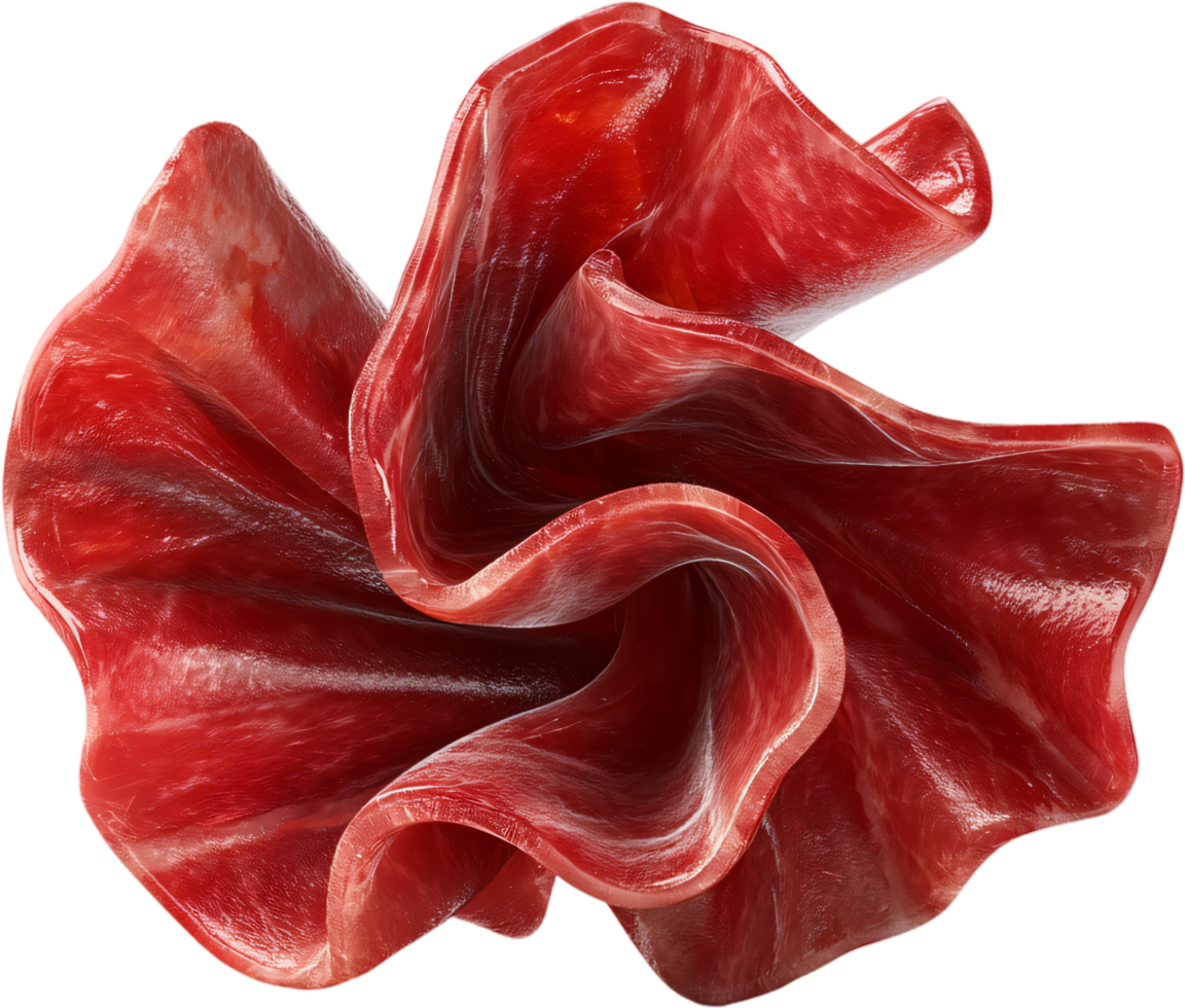 Abstract display of thinly sliced meat, layered into a flower-like pattern against a black backdrop creating a modern and minimalist aesthetic. png