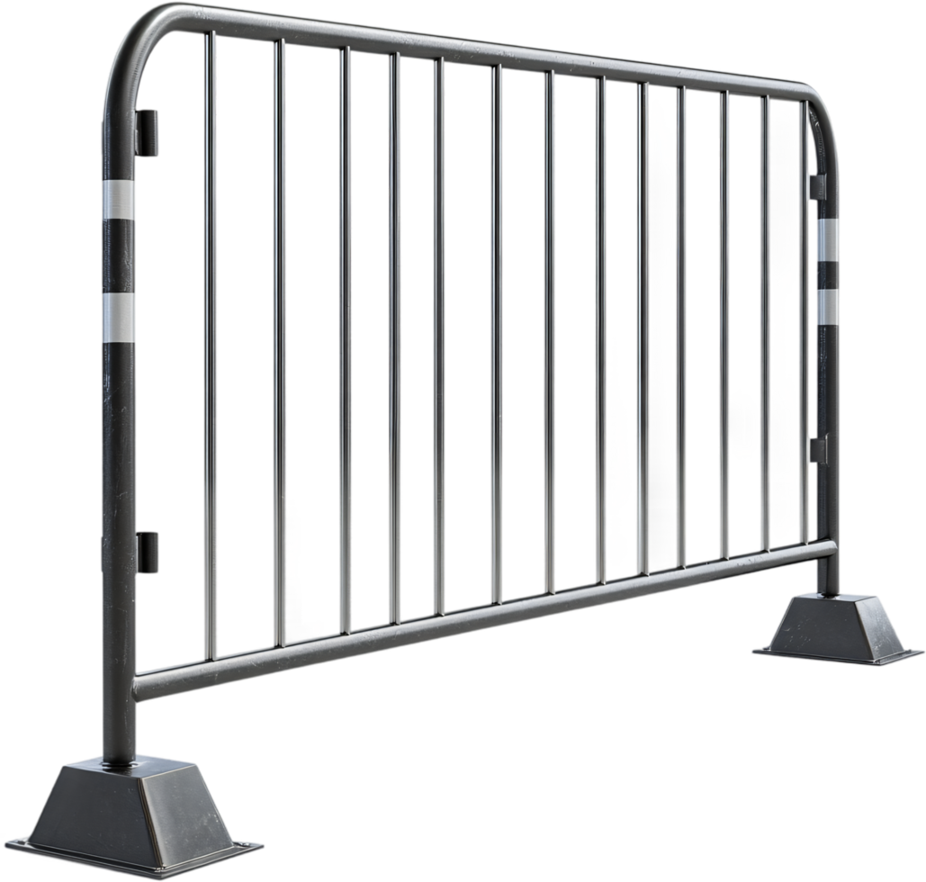 Metal barrier with vertical bars, used for crowd control or safety purposes, against a black background. png