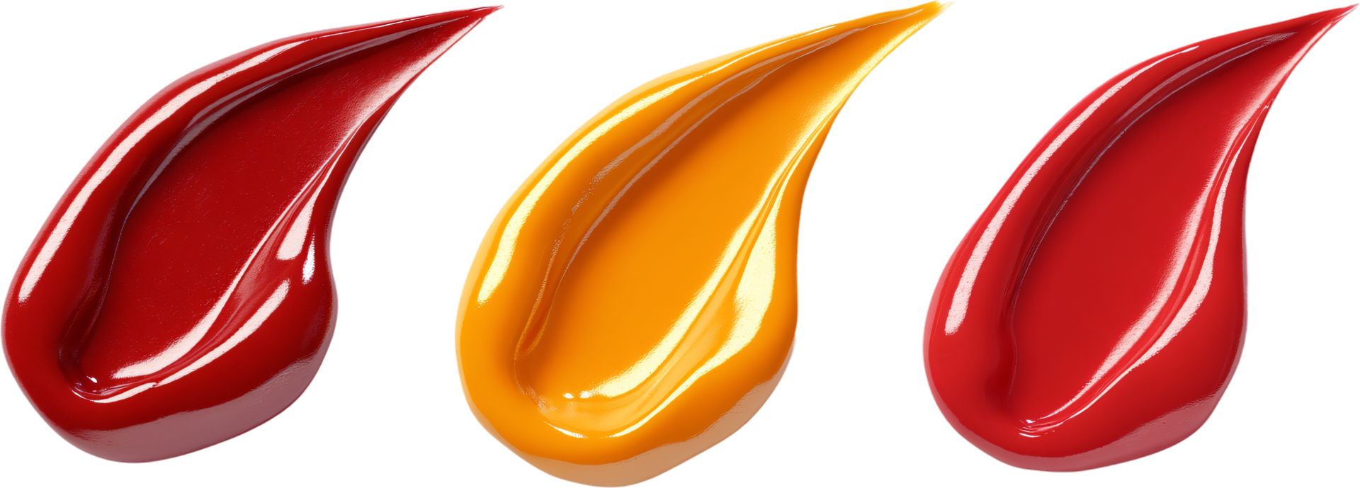 Vibrant assortment of glossy color swatches featuring shades of red and orange, displayed as teardrop shapes with a luminous sheen. png