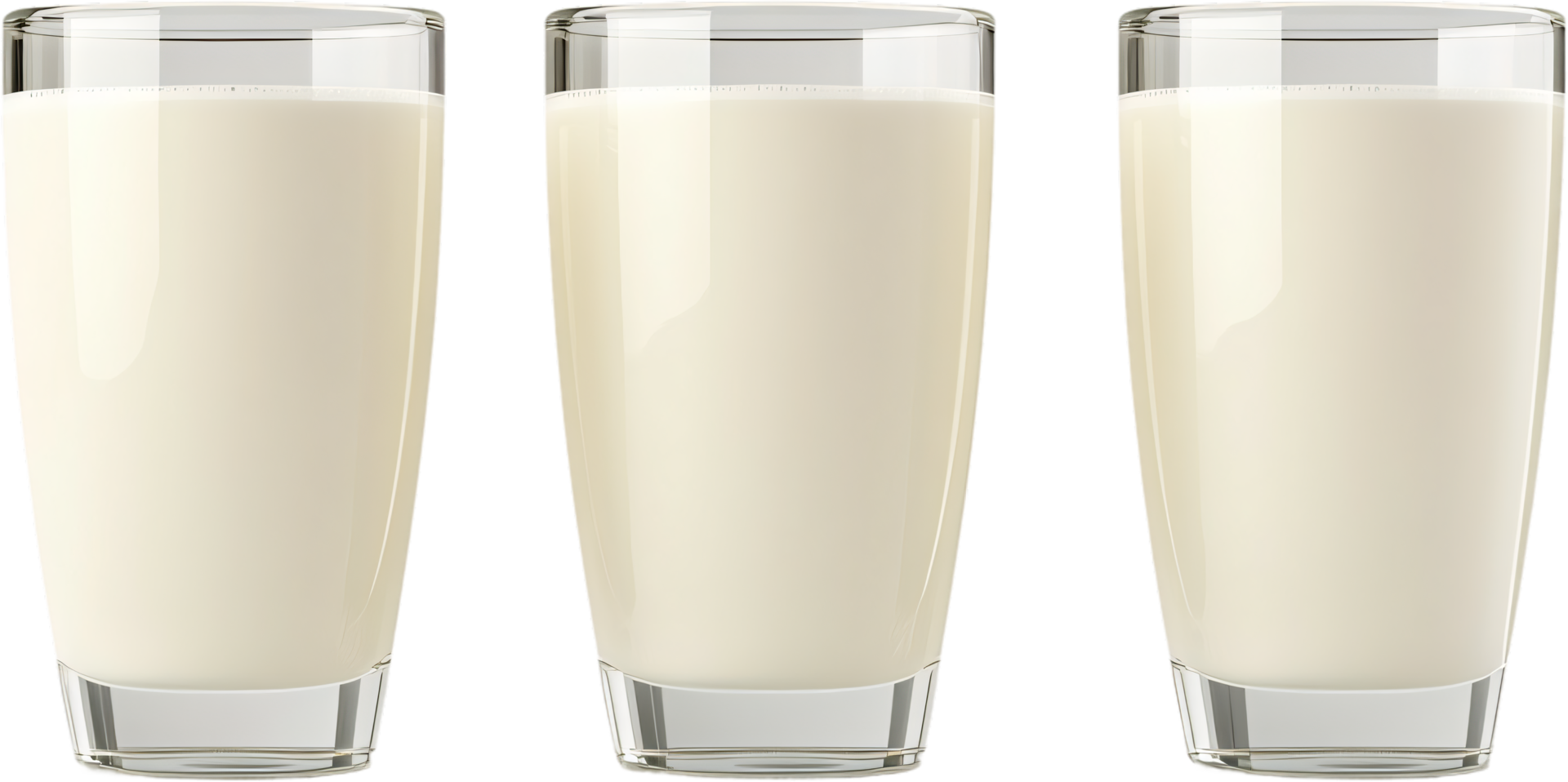 Three glasses of milk are aligned against a dark background, their creamy contents filling each transparent container nearly to the brim. png