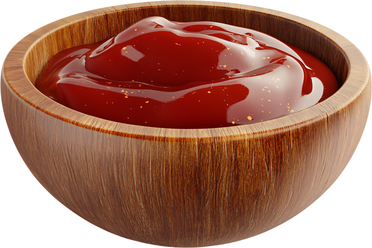 Close-up of a rustic wooden bowl filled with a generous serving of smooth, glossy red sauce, showcasing its rich color and appealing texture. png