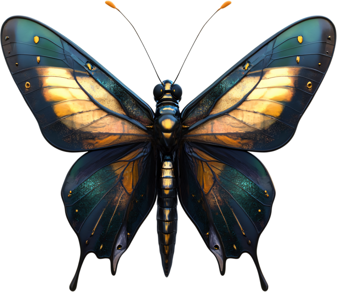 A captivating butterfly with intricate patterns, blending dark blues, golds, and iridescent greens, poised on a black background. png