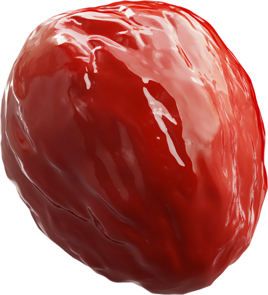 A glossy red fruit, its smooth surface reflecting light with highlights against a dark background, creating a visually striking image. png