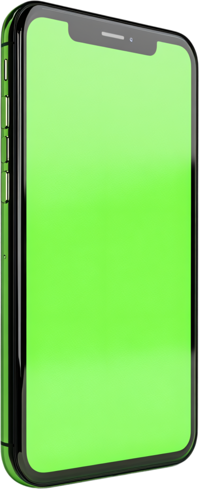 Sleek, modern mobile device mockup with a bright green screen displayed at an oblique angle. Perfect for app and UI design prototyping. png