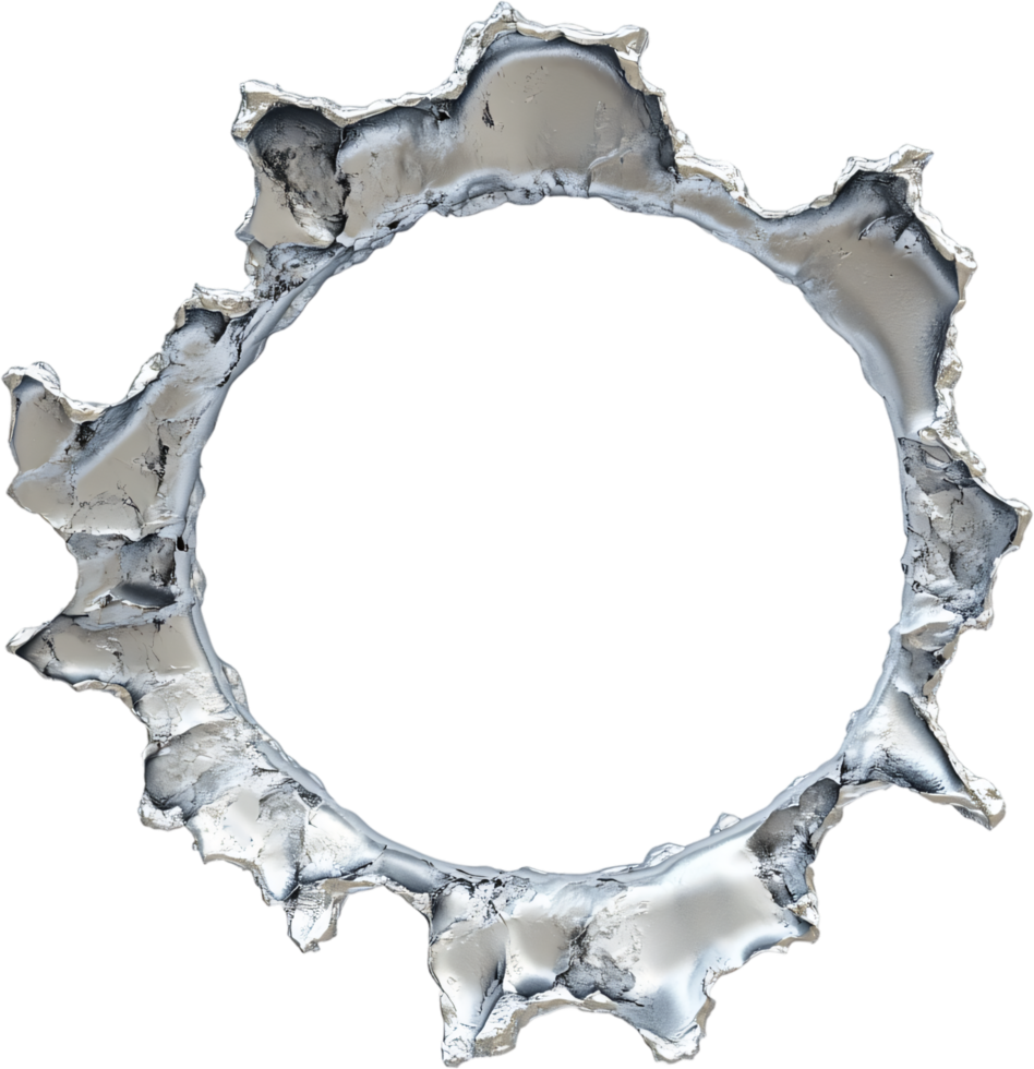 Irregular silver ring with uneven edges and a dark center, reminiscent of abstract metalwork or damaged reflective material. png