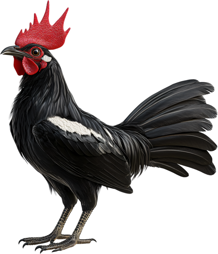A striking, sleek rooster with black plumage, distinguished by its bright red comb, captured against a solid black background. png