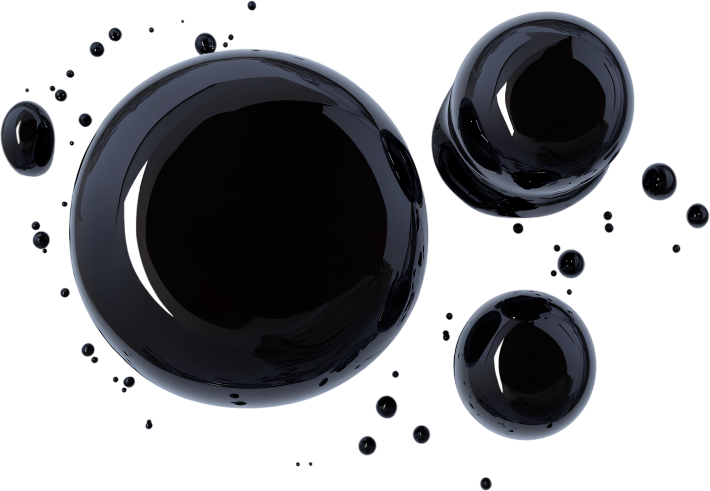 A collection of glossy, dark orbs float against a stark, black backdrop, varying in size and reflecting light in an interesting way. png