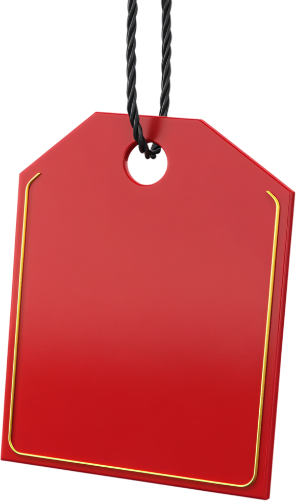 A vibrant red tag with a shiny gold border, suspended by a black string against a black background, offering space for customized labels. png