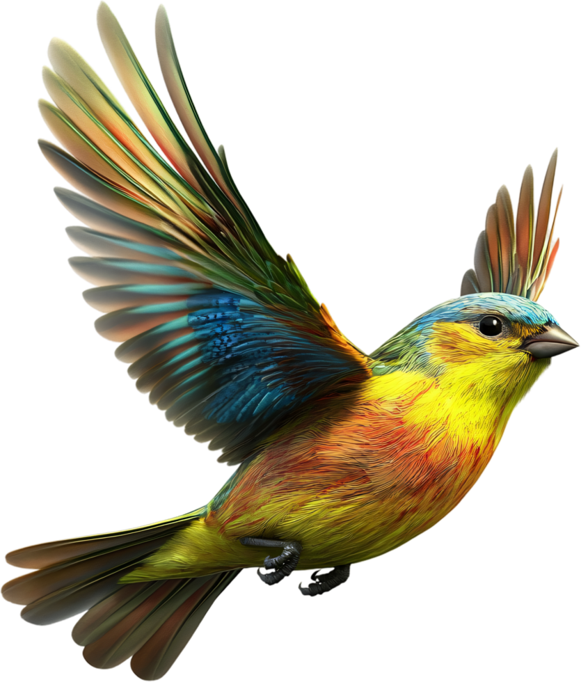 A vibrant bird with multicolored feathers takes flight, wings spread against a stark background, showcasing nature's beauty in motion. png