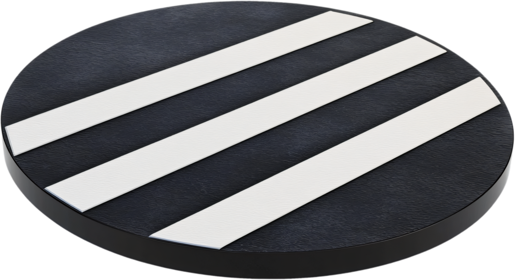 Circular pedestal with bold white stripes against a dark textured background creates a striking and modern display platform. png